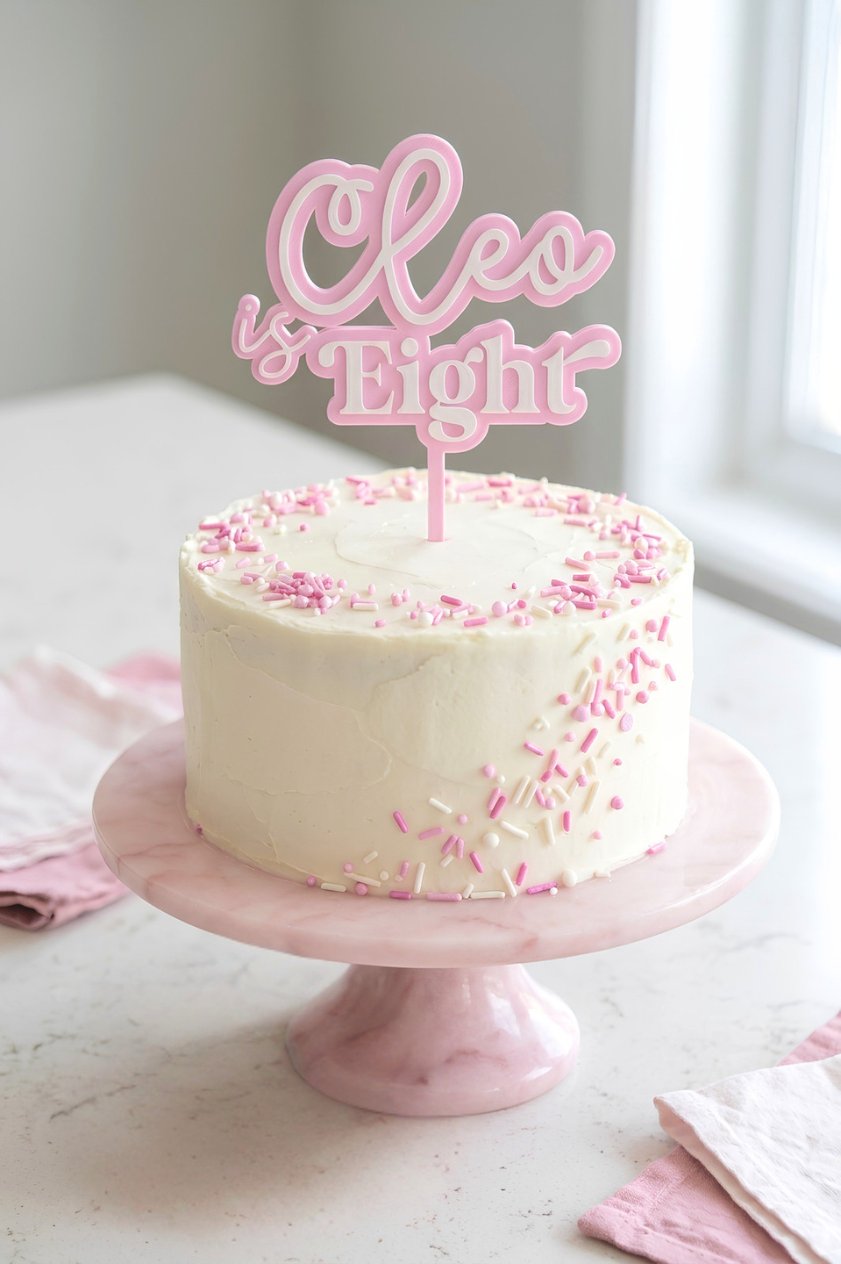 Pink personalised 'Cleo is Eight' cake topper on a white cake with sprinkles